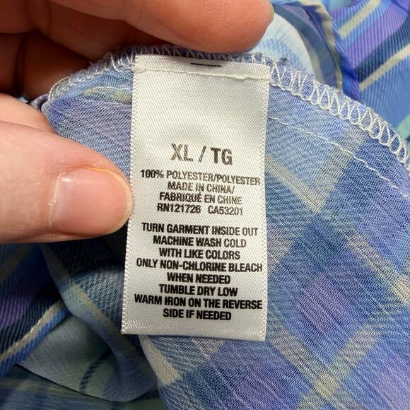 Aeropostale Womens Sheer Button Down Blouse Tank Top Split Back Blue Plaid XL - Picture 7 of 8